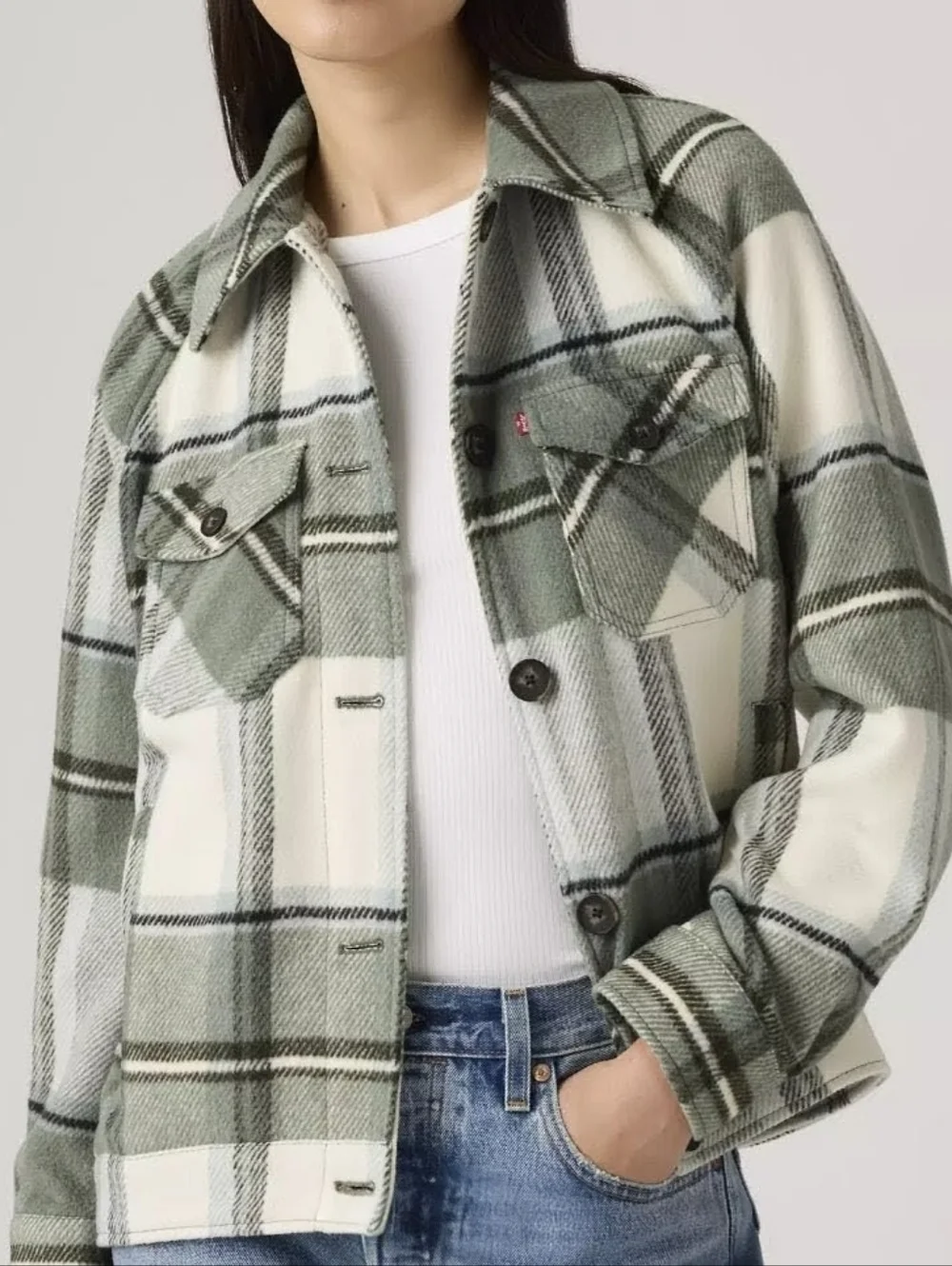 Levi's Women's Green Plaid Oversized Raglan Sleeve Shirt Jacket Size L Large - Picture 1 of 14